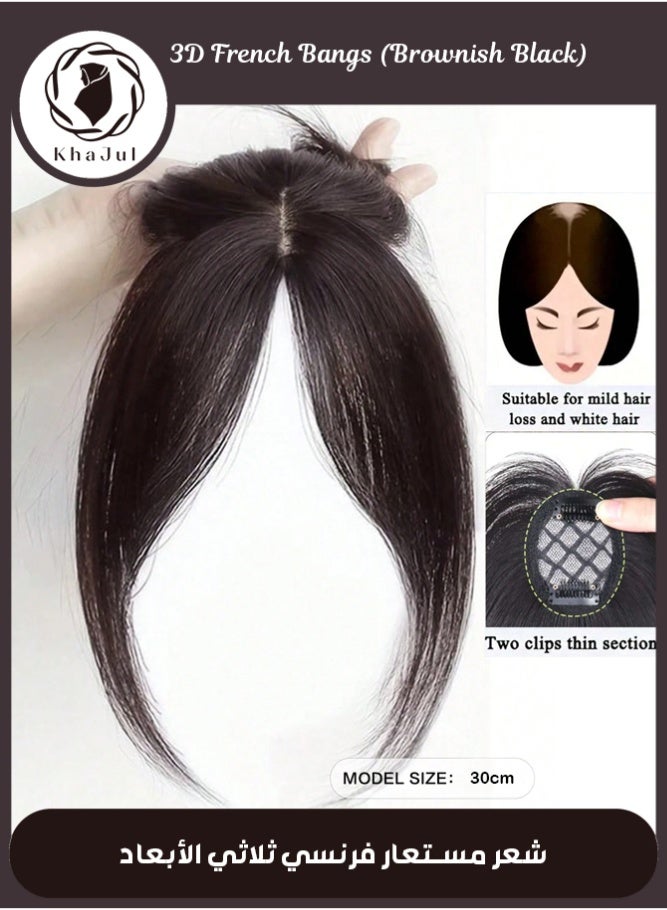 KHAJUL 3D Clip-in Bangs, Heat Resistant Synthetic Hair Fringe with Middle Part, French Style Wispy Hairpiece for Women, Dark Brown - Image 1
